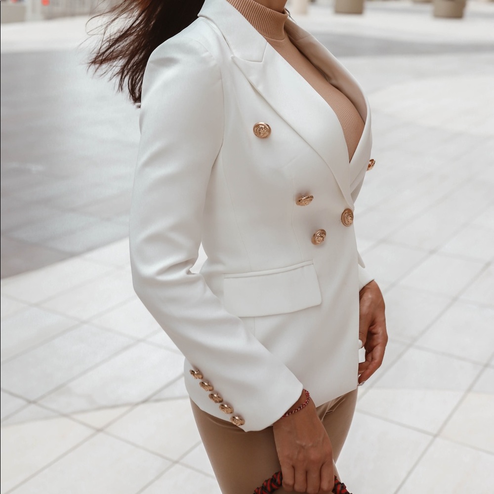White Double-breasted Blazer Gold Tone Buttons - Picture 6 of 16